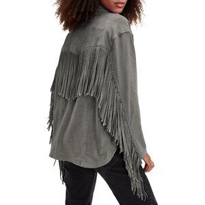 Women's Faux Suede Fringe Jacket Vintage Western Cowgirl Tassel Jackets Grey